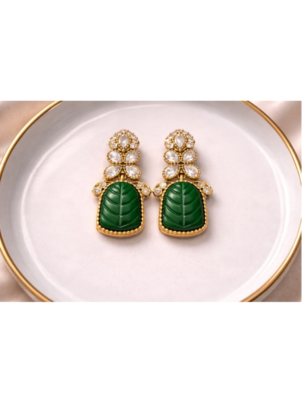 Museum Earrings Leaf Antique Flower Tree Green CZ VTG Carved Intaglio Court Boho